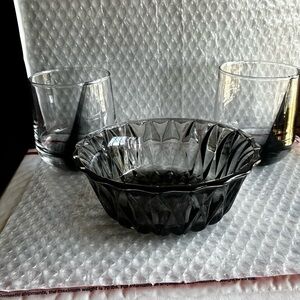 Set of 3 Elegant Smoked Black Glassware 2 Lowball Glasses W/Bowl NWOT